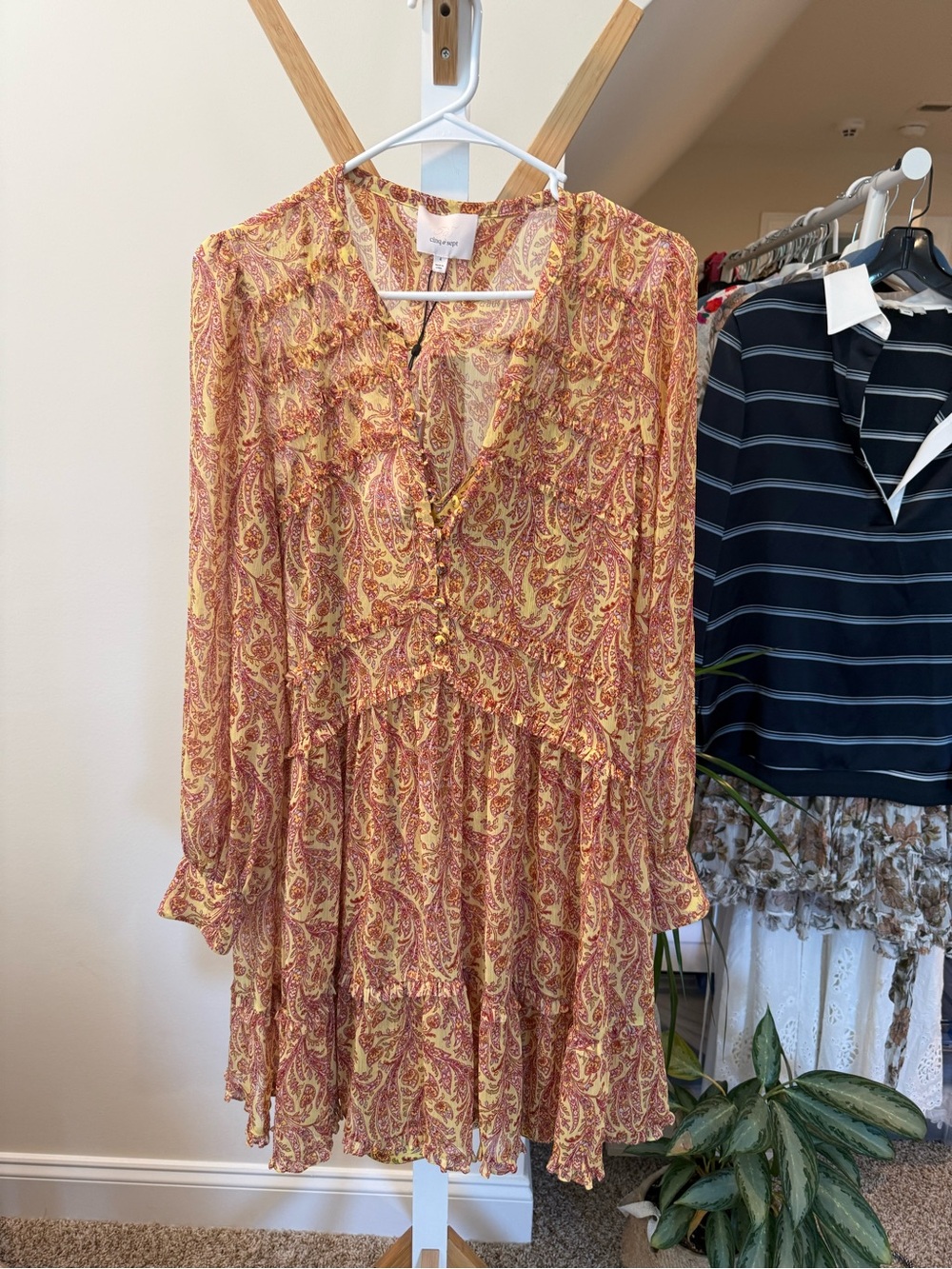 cinq a sept Yellow & Rust Paisley Tiered Long-Sleeve Dress